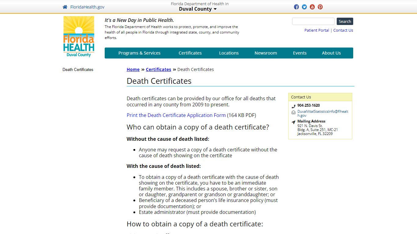 Death Certificates | Florida Department of Health in Duval